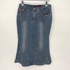 Joana Design USA VTG Denim Midi Skirt Studded Stretch‎ Distressed Mermaid Size M